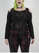 Off-Shoulder Front Chest Metal Eyelets Ribbons Long Sleeve Black Punk Plus Size Broken Holes Knit Short T-Shirt
