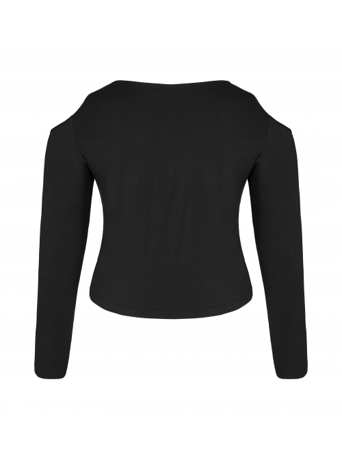 Off-Shoulder Front Chest Metal Eyelets Ribbons Long Sleeve Black Punk Plus Size Broken Holes Knit Short T-Shirt