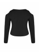 Off-Shoulder Front Chest Metal Eyelets Ribbons Long Sleeve Black Punk Plus Size Broken Holes Knit Short T-Shirt