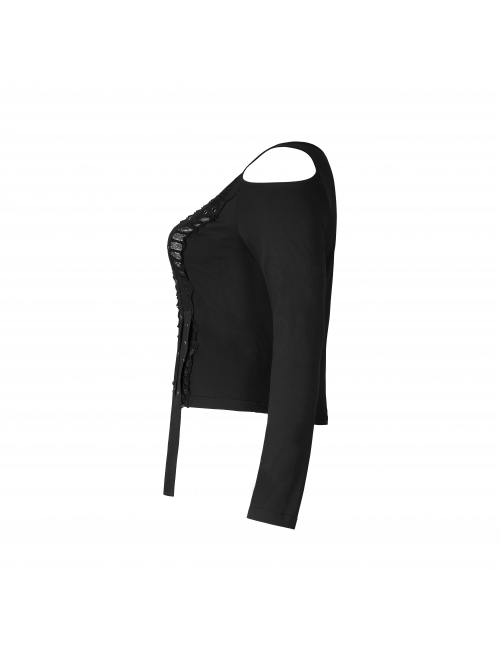 Off-Shoulder Front Chest Metal Eyelets Ribbons Long Sleeve Black Punk Plus Size Broken Holes Knit Short T-Shirt