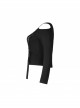 Off-Shoulder Front Chest Metal Eyelets Ribbons Long Sleeve Black Punk Plus Size Broken Holes Knit Short T-Shirt