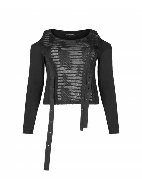 Off-Shoulder Front Chest Metal Eyelets Ribbons Long Sleeve Black Punk Plus Size Broken Holes Knit Short T-Shirt