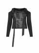 Off-Shoulder Front Chest Metal Eyelets Ribbons Long Sleeve Black Punk Plus Size Broken Holes Knit Short T-Shirt