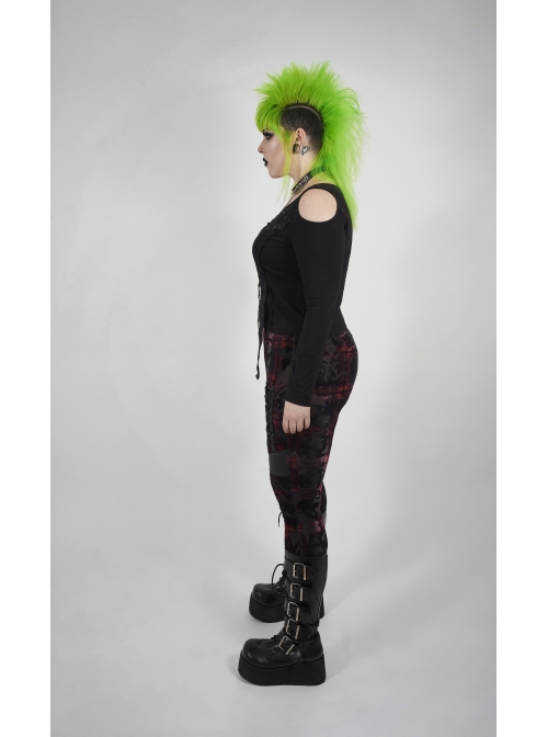 Off-Shoulder Front Chest Metal Eyelets Ribbons Long Sleeve Black Punk Plus Size Broken Holes Knit Short T-Shirt