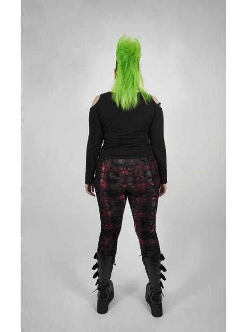 Off-Shoulder Front Chest Metal Eyelets Ribbons Long Sleeve Black Punk Plus Size Broken Holes Knit Short T-Shirt