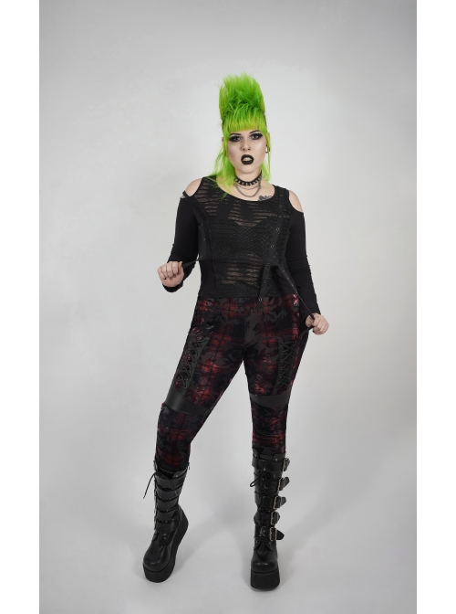 Off-Shoulder Front Chest Metal Eyelets Ribbons Long Sleeve Black Punk Plus Size Broken Holes Knit Short T-Shirt