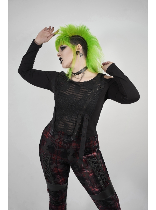 Off-Shoulder Front Chest Metal Eyelets Ribbons Long Sleeve Black Punk Plus Size Broken Holes Knit Short T-Shirt