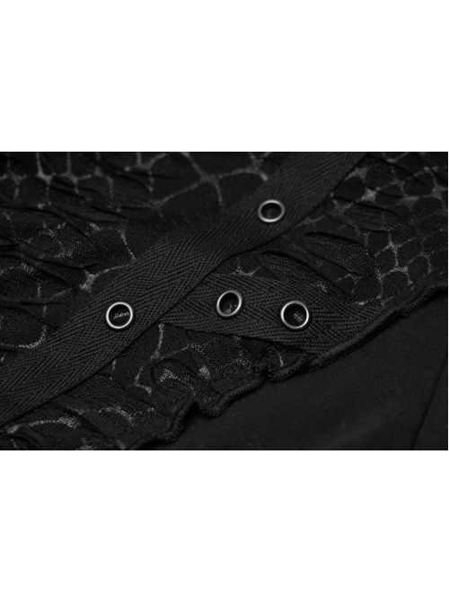 Off-Shoulder Front Chest Metal Eyelets Ribbons Long Sleeve Black Punk Plus Size Broken Holes Knit Short T-Shirt