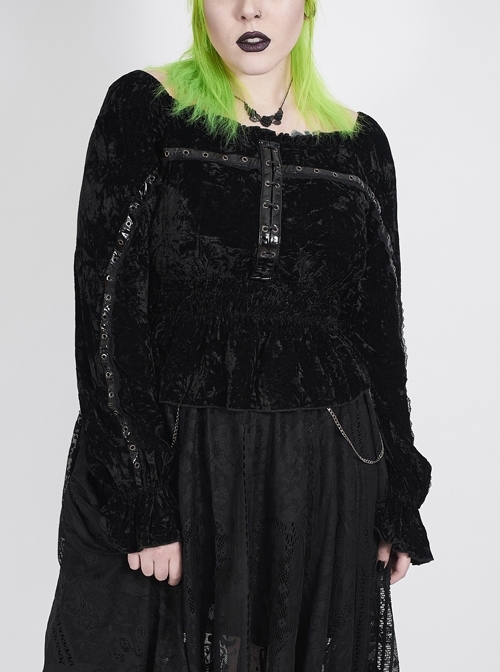 Big Collar Front Chest Metal Eyelets Lace-Up Long Sleeve Flare Cuff Black Punk Plus Size Print T-Shirt
