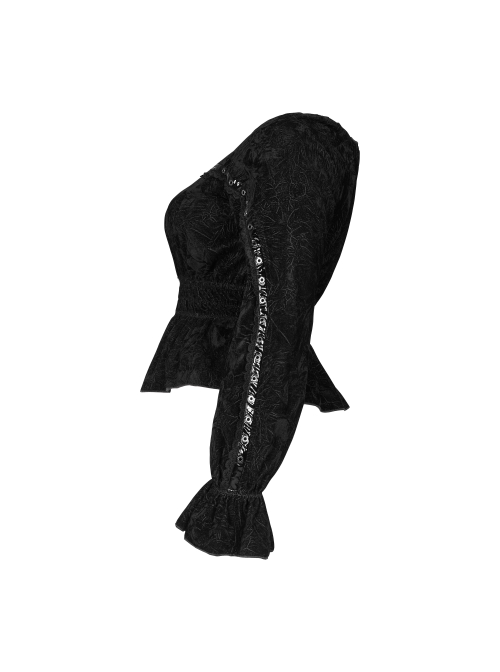 Big Collar Front Chest Metal Eyelets Lace-Up Long Sleeve Flare Cuff Black Punk Plus Size Print T-Shirt