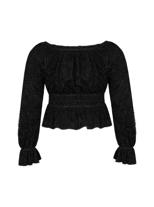 Big Collar Front Chest Metal Eyelets Lace-Up Long Sleeve Flare Cuff Black Punk Plus Size Print T-Shirt