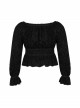 Big Collar Front Chest Metal Eyelets Lace-Up Long Sleeve Flare Cuff Black Punk Plus Size Print T-Shirt