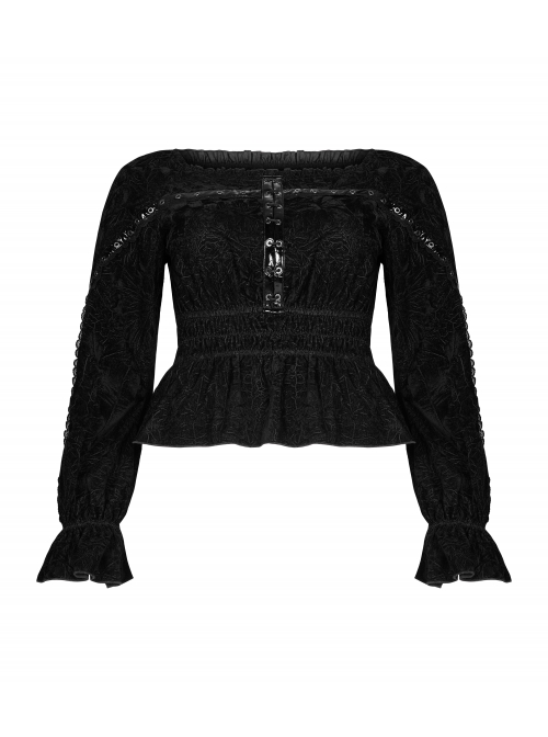 Big Collar Front Chest Metal Eyelets Lace-Up Long Sleeve Flare Cuff Black Punk Plus Size Print T-Shirt