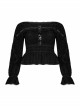 Big Collar Front Chest Metal Eyelets Lace-Up Long Sleeve Flare Cuff Black Punk Plus Size Print T-Shirt