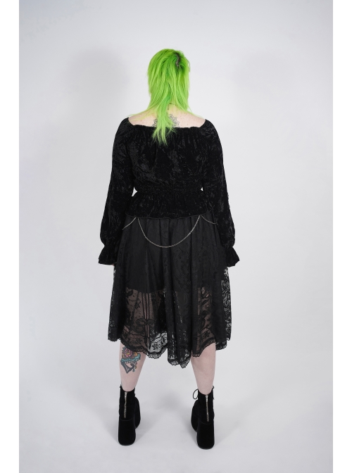 Big Collar Front Chest Metal Eyelets Lace-Up Long Sleeve Flare Cuff Black Punk Plus Size Print T-Shirt
