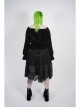 Big Collar Front Chest Metal Eyelets Lace-Up Long Sleeve Flare Cuff Black Punk Plus Size Print T-Shirt