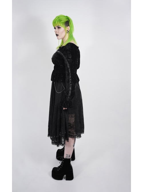 Big Collar Front Chest Metal Eyelets Lace-Up Long Sleeve Flare Cuff Black Punk Plus Size Print T-Shirt