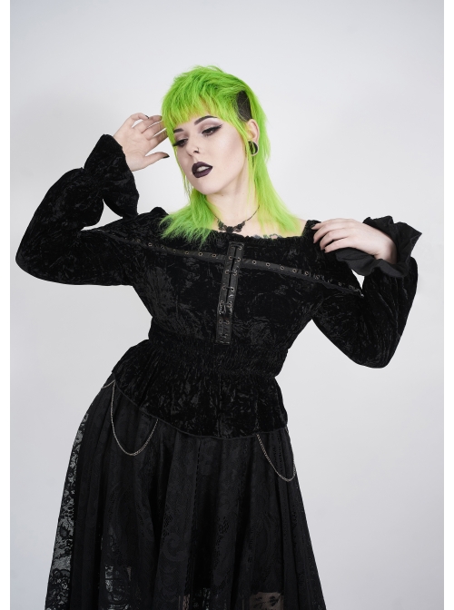 Big Collar Front Chest Metal Eyelets Lace-Up Long Sleeve Flare Cuff Black Punk Plus Size Print T-Shirt