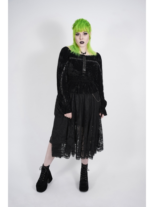 Big Collar Front Chest Metal Eyelets Lace-Up Long Sleeve Flare Cuff Black Punk Plus Size Print T-Shirt