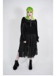 Big Collar Front Chest Metal Eyelets Lace-Up Long Sleeve Flare Cuff Black Punk Plus Size Print T-Shirt
