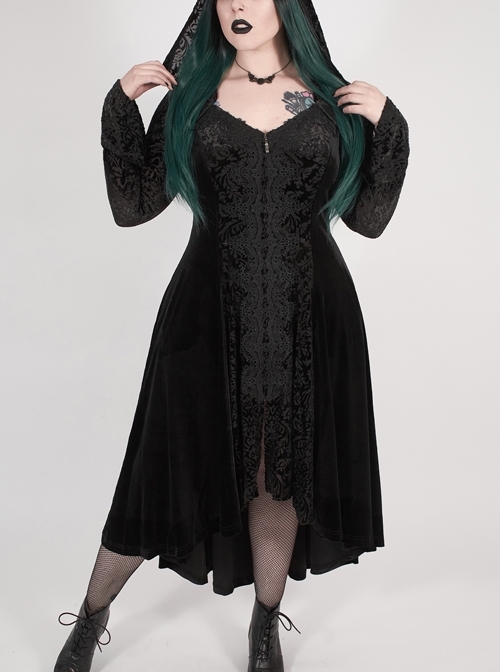 Front Chest Decals Flare Sleeve Back Waist Lace-Up Frill Hem Black Gothic Plus Size Velvet Hooded Coat