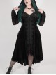 Front Chest Decals Flare Sleeve Back Waist Lace-Up Frill Hem Black Gothic Plus Size Velvet Hooded Coat