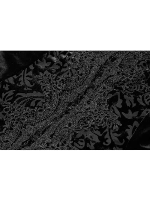 Front Chest Decals Flare Sleeve Back Waist Lace-Up Frill Hem Black Gothic Plus Size Velvet Hooded Coat