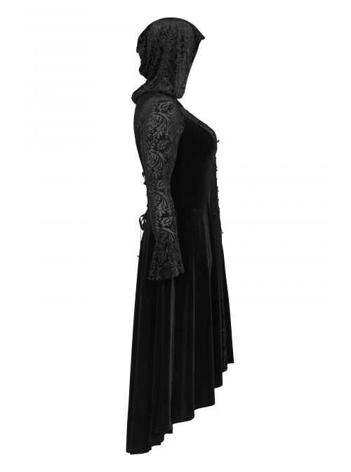 Front Chest Decals Flare Sleeve Back Waist Lace-Up Frill Hem Black Gothic Plus Size Velvet Hooded Coat
