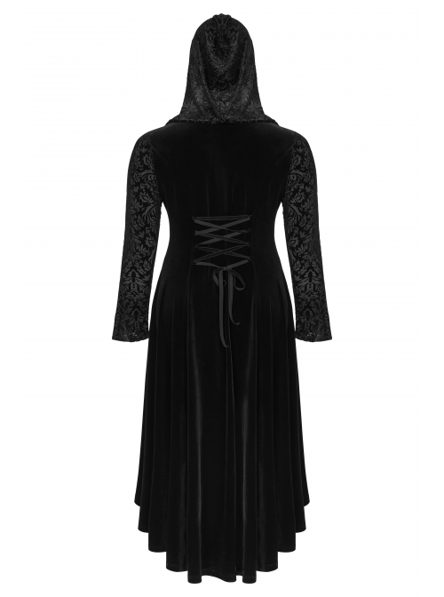 Front Chest Decals Flare Sleeve Back Waist Lace-Up Frill Hem Black Gothic Plus Size Velvet Hooded Coat