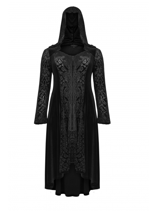 Front Chest Decals Flare Sleeve Back Waist Lace-Up Frill Hem Black Gothic Plus Size Velvet Hooded Coat