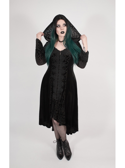 Front Chest Decals Flare Sleeve Back Waist Lace-Up Frill Hem Black Gothic Plus Size Velvet Hooded Coat