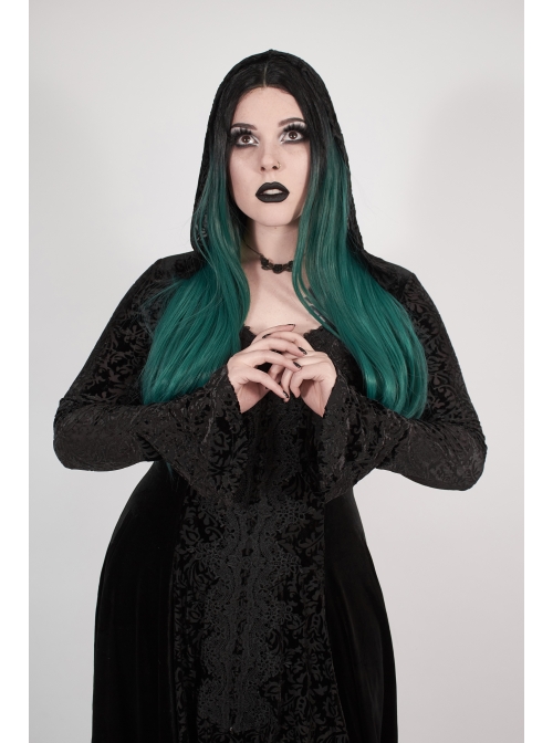 Front Chest Decals Flare Sleeve Back Waist Lace-Up Frill Hem Black Gothic Plus Size Velvet Hooded Coat
