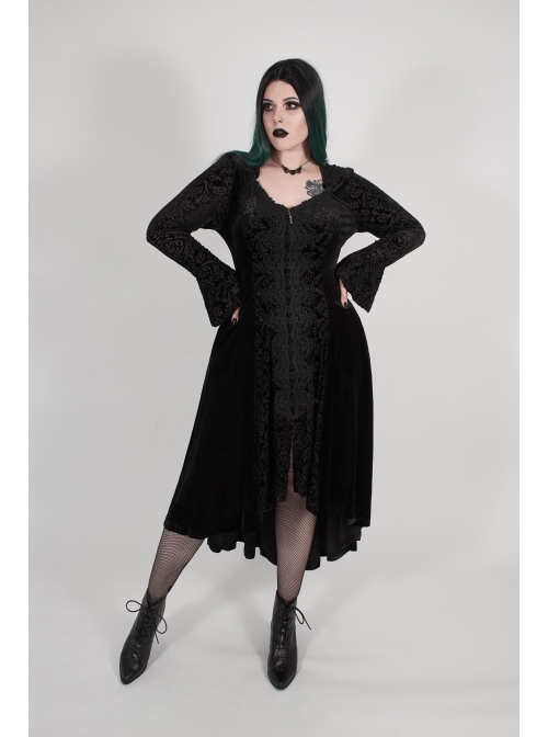 Front Chest Decals Flare Sleeve Back Waist Lace-Up Frill Hem Black Gothic Plus Size Velvet Hooded Coat