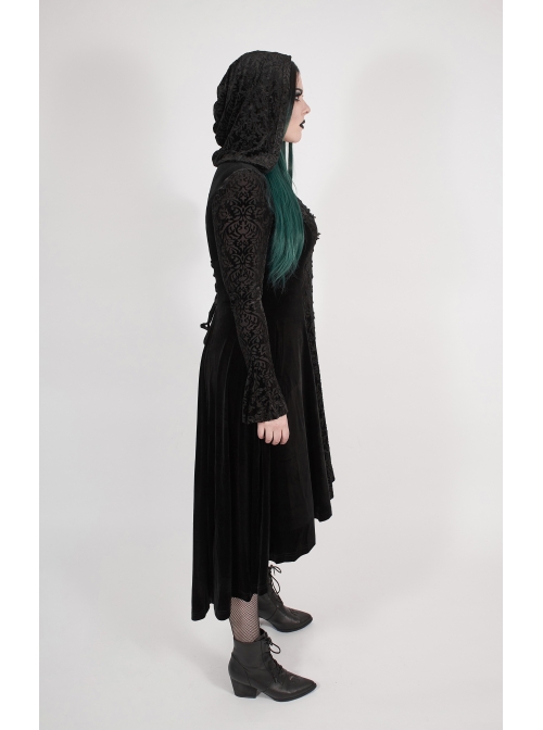 Front Chest Decals Flare Sleeve Back Waist Lace-Up Frill Hem Black Gothic Plus Size Velvet Hooded Coat
