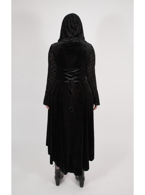 Front Chest Decals Flare Sleeve Back Waist Lace-Up Frill Hem Black Gothic Plus Size Velvet Hooded Coat