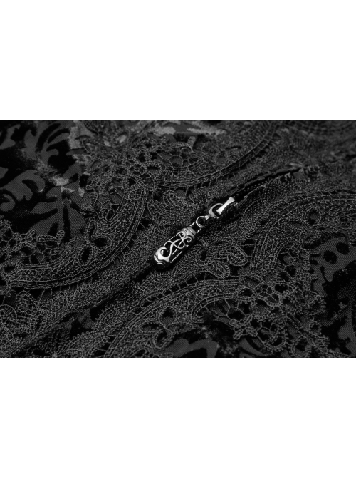 Front Chest Decals Flare Sleeve Back Waist Lace-Up Frill Hem Black Gothic Plus Size Velvet Hooded Coat