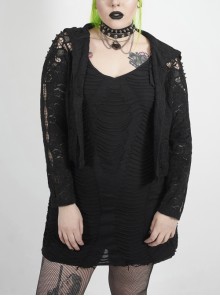 Black Gothic Plus Size Hollow-Out Long Sleeve Thickened Mesh Hooded Short Coat