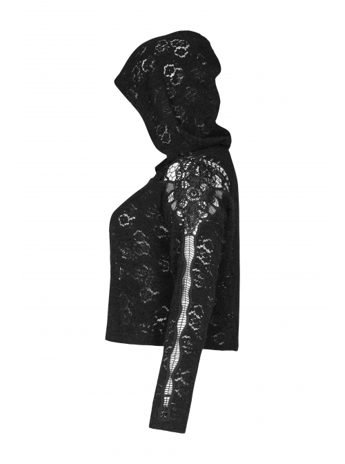 Black Gothic Plus Size Hollow-Out Long Sleeve Thickened Mesh Hooded Short Coat