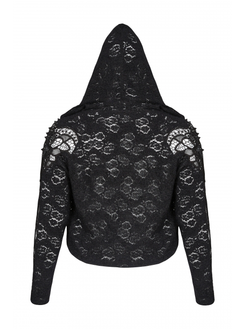 Black Gothic Plus Size Hollow-Out Long Sleeve Thickened Mesh Hooded Short Coat