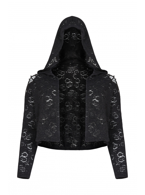 Black Gothic Plus Size Hollow-Out Long Sleeve Thickened Mesh Hooded Short Coat