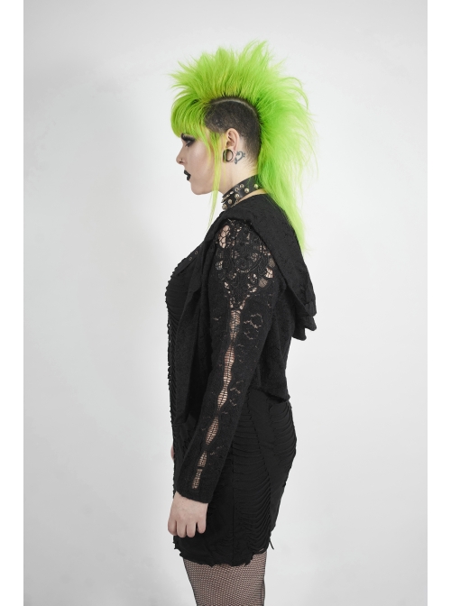 Black Gothic Plus Size Hollow-Out Long Sleeve Thickened Mesh Hooded Short Coat