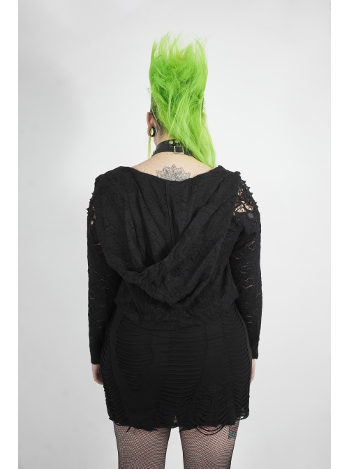 Black Gothic Plus Size Hollow-Out Long Sleeve Thickened Mesh Hooded Short Coat