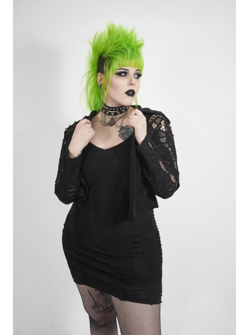 Black Gothic Plus Size Hollow-Out Long Sleeve Thickened Mesh Hooded Short Coat