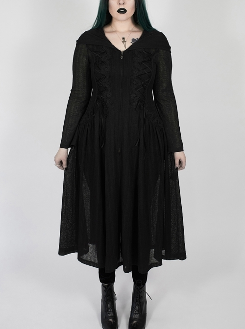 Front Chest Decals Long Sleeve Back Waist Lace-Up Black Gothic Plus Size Mesh Hooded Coat