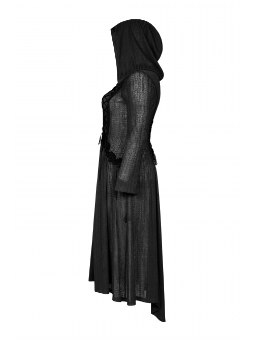 Front Chest Decals Long Sleeve Back Waist Lace-Up Black Gothic Plus Size Mesh Hooded Coat