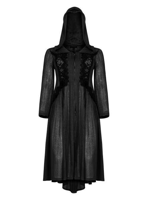 Front Chest Decals Long Sleeve Back Waist Lace-Up Black Gothic Plus Size Mesh Hooded Coat