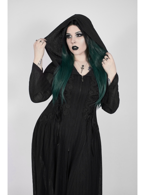 Front Chest Decals Long Sleeve Back Waist Lace-Up Black Gothic Plus Size Mesh Hooded Coat