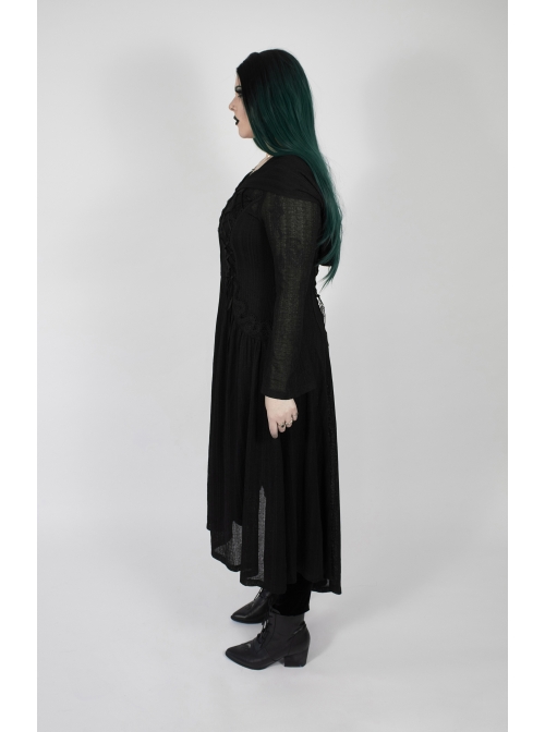 Front Chest Decals Long Sleeve Back Waist Lace-Up Black Gothic Plus Size Mesh Hooded Coat