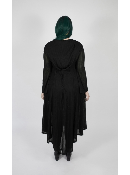 Front Chest Decals Long Sleeve Back Waist Lace-Up Black Gothic Plus Size Mesh Hooded Coat