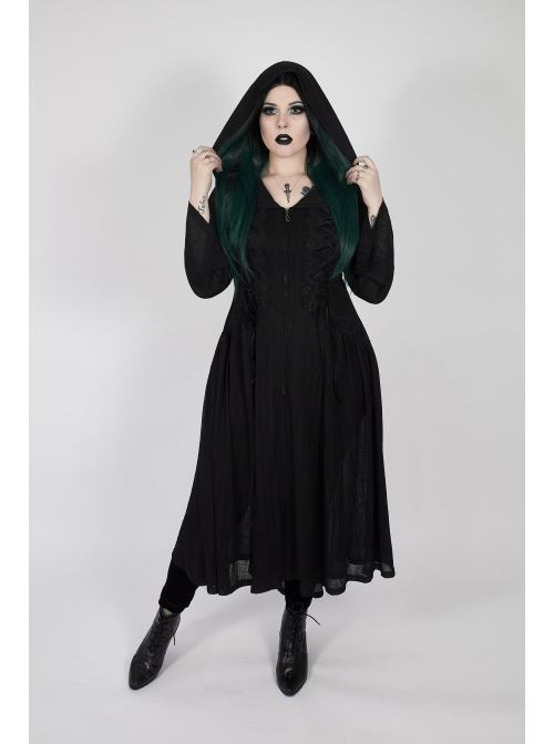 Front Chest Decals Long Sleeve Back Waist Lace-Up Black Gothic Plus Size Mesh Hooded Coat